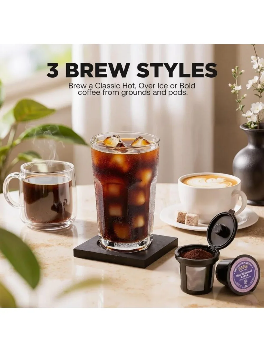 Single Serve Coffee Maker for Hot & Iced Brews, Bold Flavor, 16 Oz Capacity